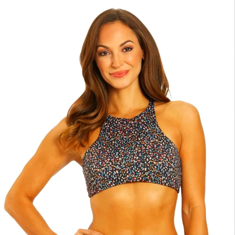 NWT PRANA Onyx Bay Tie Back Halter Bikini Top Multicolor Black Petals Medium - Picture 1 of 6
